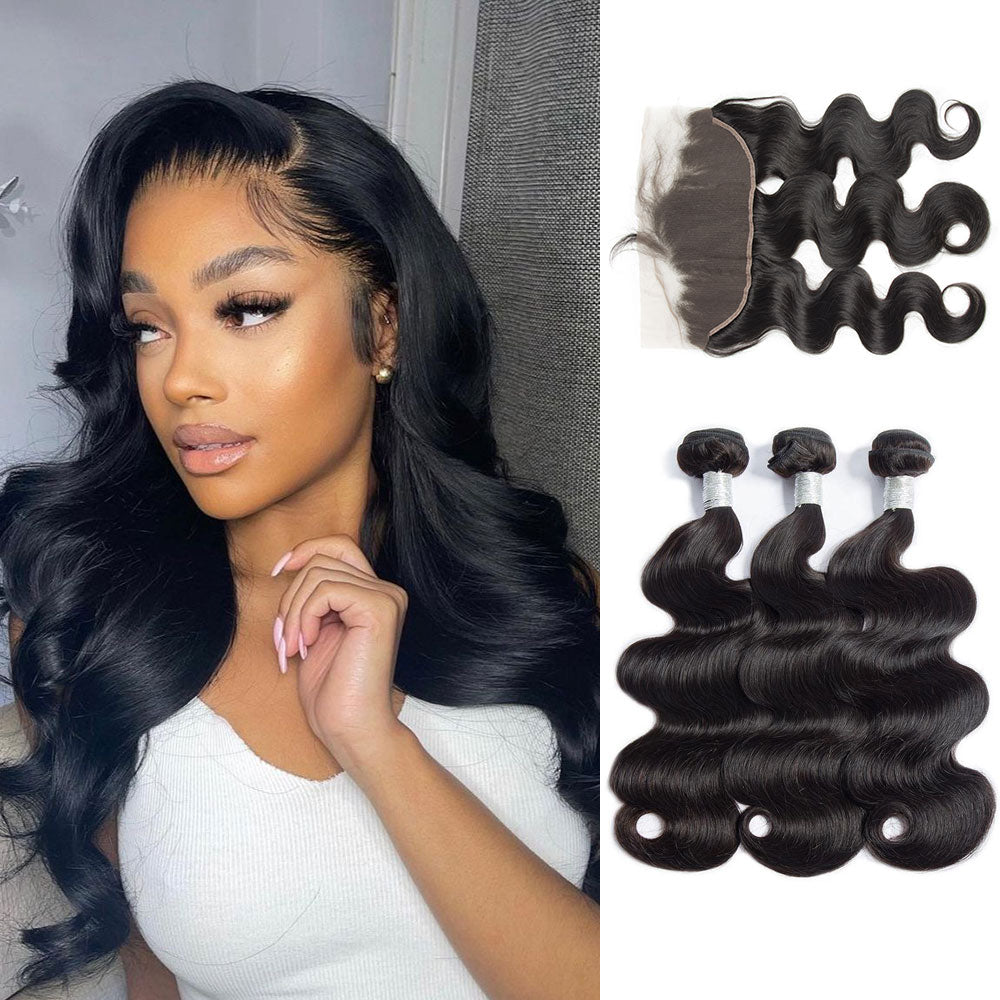13x6 Frontal with 3 Human Hair Weave Bundles Body Wave Wavy 100% Unpro ...