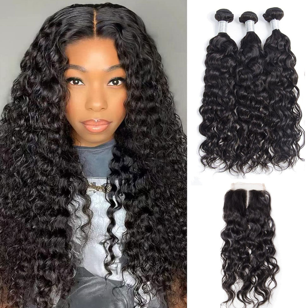 Brazilian Water Wave Hair 3 Bundles With Lace Closure Human  display picture 3