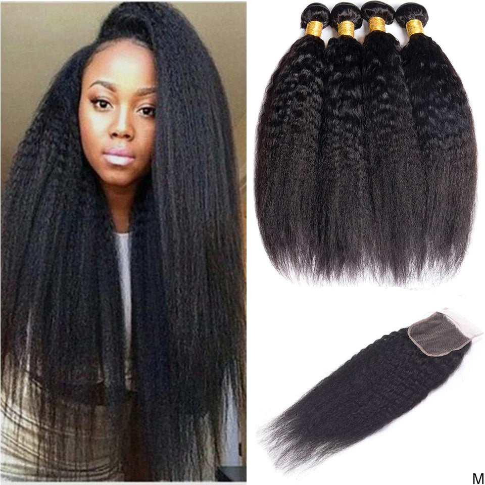 Kinky Straight Hair 4 Bundles with 4x4 Lace Closure 100% Real Human Hair Extensions
