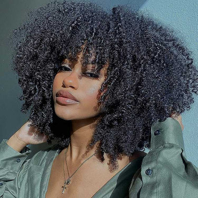 Modern Show Short Afro Kinky Curly Human Hair Wig With Bangs Affordable Glueless Wigs For Women