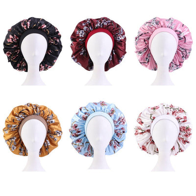 3pcs Women Floral Satin Hair Bonnet For Sleeping Elastic Wide Edge Night Hair Cap For Curly Hair-all colors bonnet