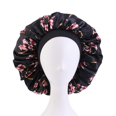 3pcs Women Floral Satin Hair Bonnet For Sleeping Elastic Wide Edge Night Hair Cap For Curly Hair-black bonnet