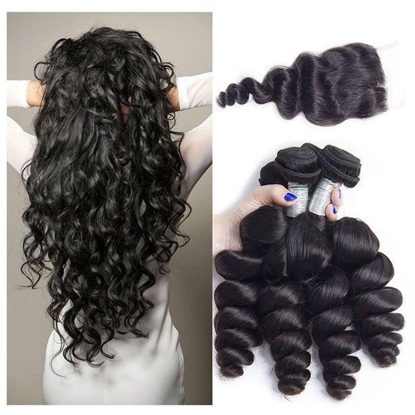 Modern Show Brazilian Loose Wave Virgin Human Hair 4 Bundles With 4x4 Lace Closure