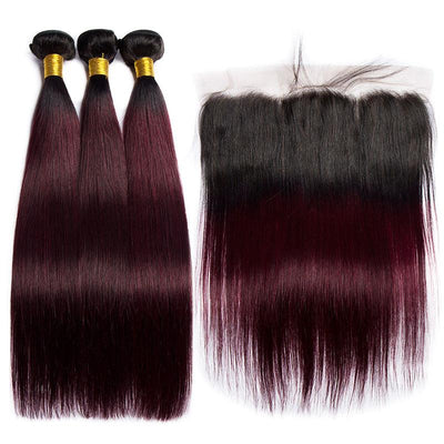 Modern Show 1B/99j Ombre Color Straight Hair Bundles With Frontal Human Hair Brazilian Weave 3pcs With Lace Frontal Closure