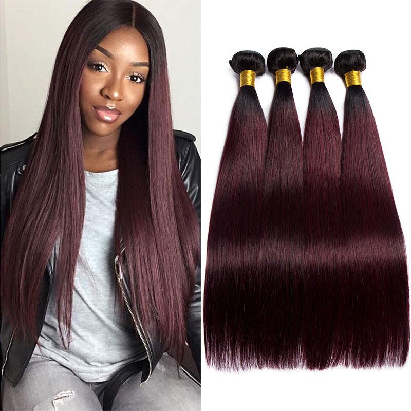 Black Roots Dark Burgundy Hair Straight Human Hair Brazilian Weave 4 Bundles