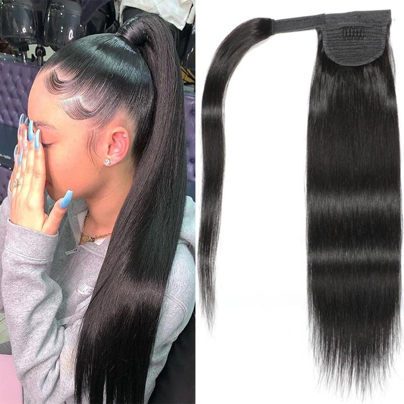 Straight Brazilian Human Hair Velcro Ponytail Wrap Around Clip In