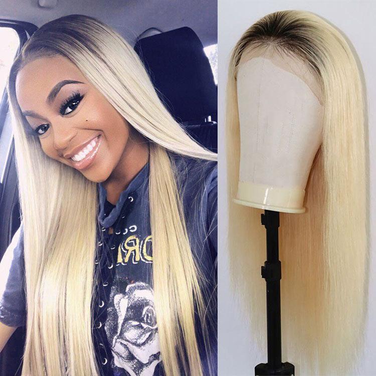 Blonde Hair Black Roots Brazilian Human Hair Straight Transparent Lace Front Wig for Black Women