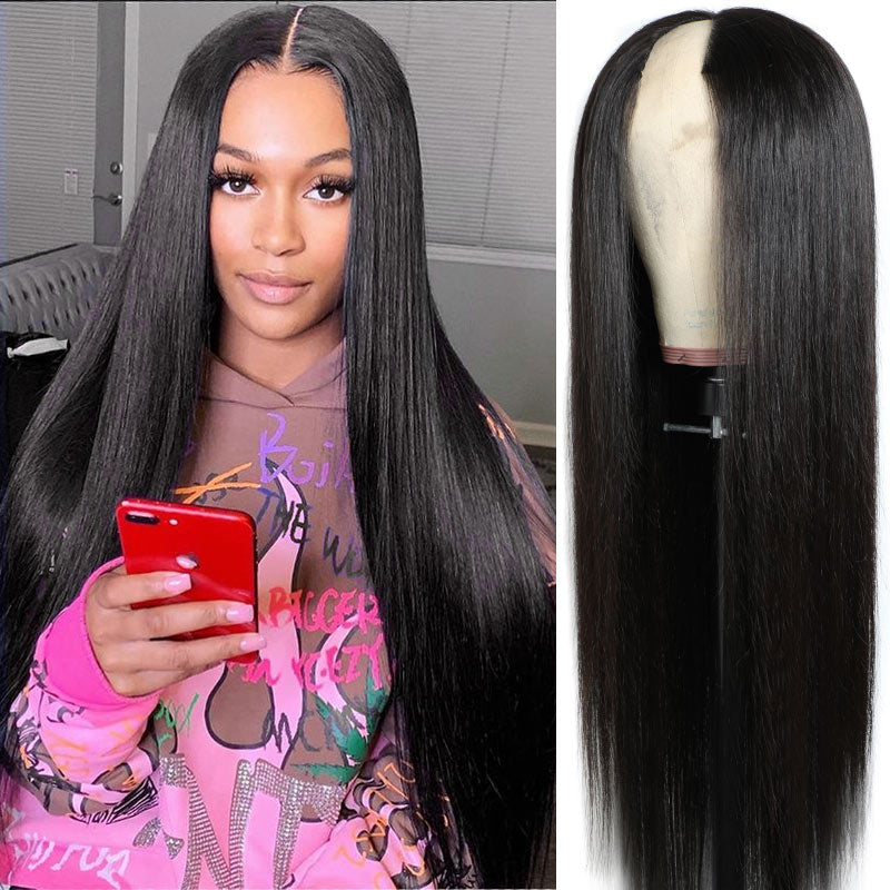 Natural Black Glueless V Part Straight Wig Real Human Hair Wigs