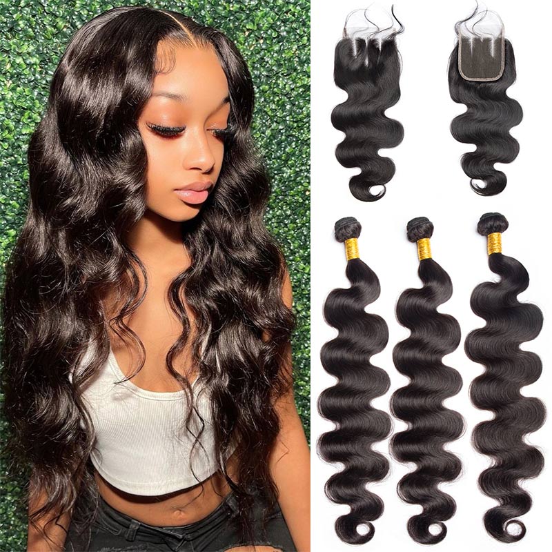 Long Black Body Wave Hair Bundles With Closure Human Hair Weave