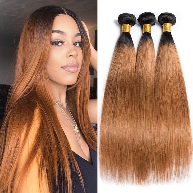 Black Roots Auburn Brown Brazilian Straight Bundles Human Hair