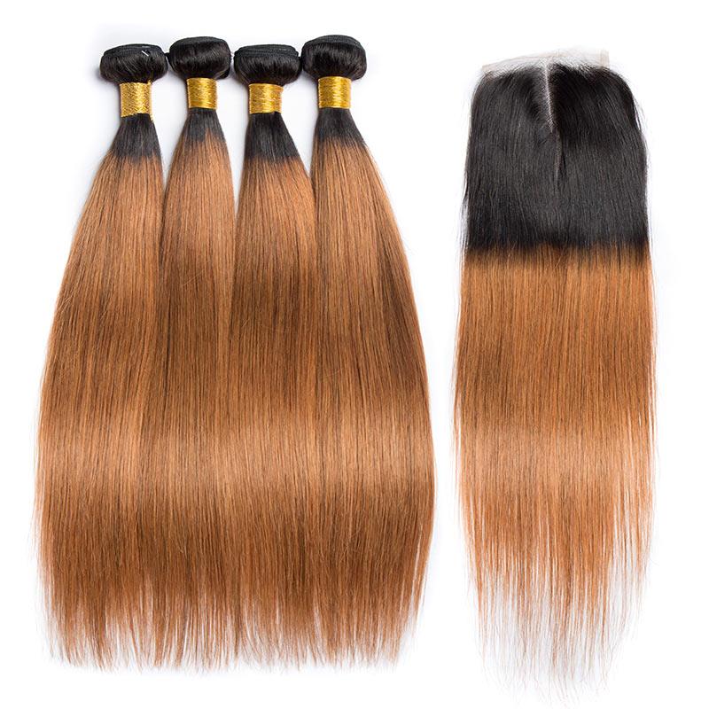 Black Roots Auburn Brown Hair Straight Bundles With Closure Remy