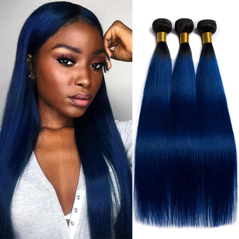 Modern Show Black Root Blue Hair Brazilian Straight Human Hair Weave Bundles