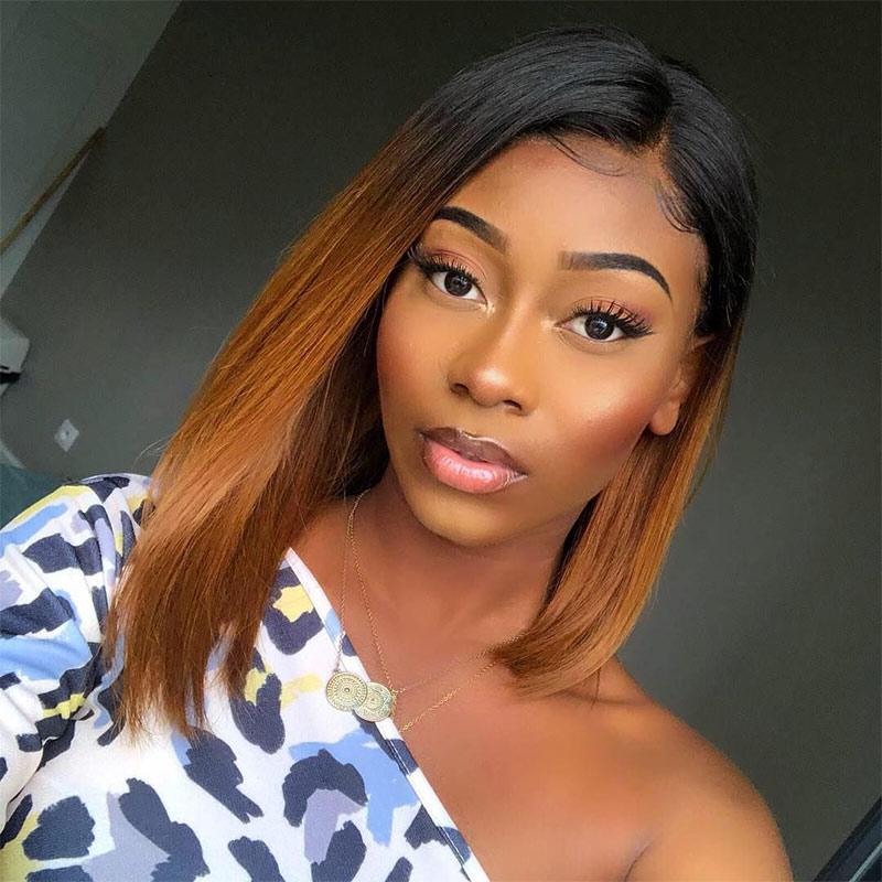 Bob wig lace front ombré dark roots auburn brown Short Blunt Cut Bob Auburn Brown Ombre Lace Front Wigs  main image 4
