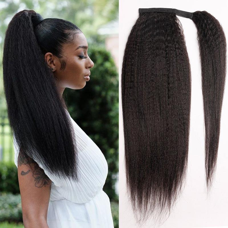 Modern Show Yaki Straight Velcro Ponytail Human Hair Ponytail Wrap Around Clip In Hair Extensions Brazilian Hair