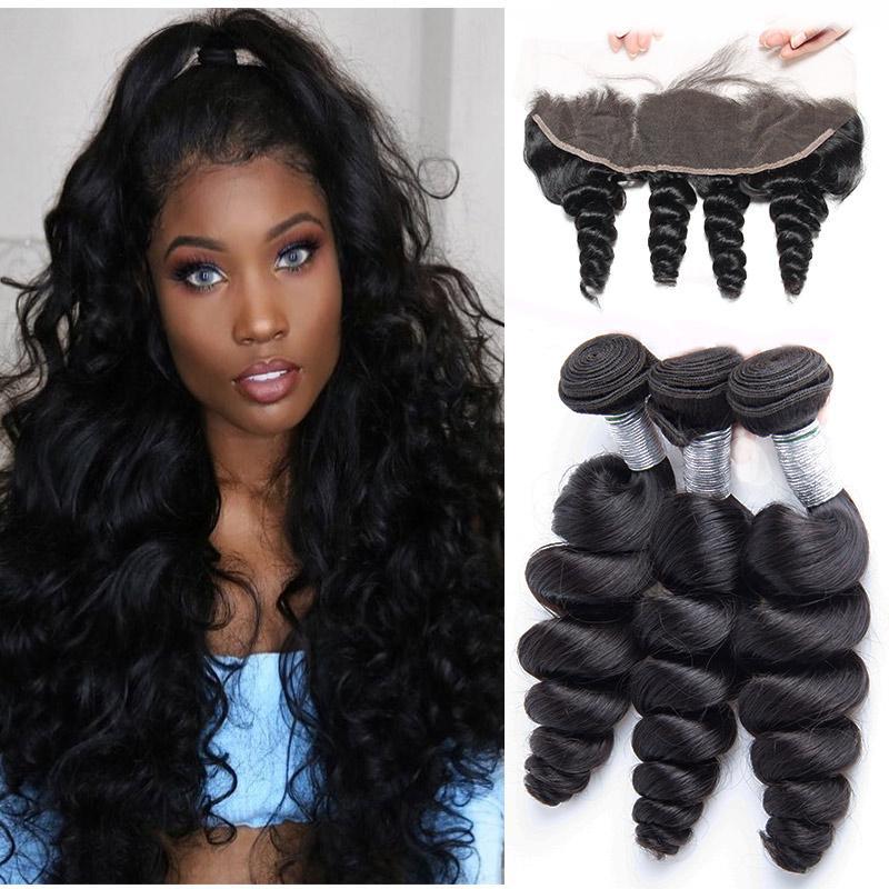 Loose Wave 3 Human Hair Weave Bundles with Frontal Indian 