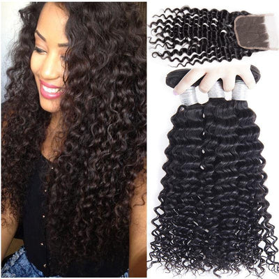 Modern Show Hair Peruvian Curly Remy Human Hair 3 Bundles With 4X4 Lace Closure