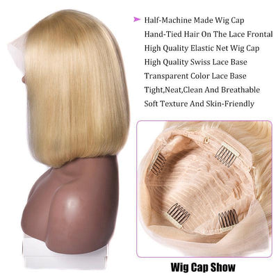 150 Density Malaysian Straight 613 Bob Wig Real Human Hair Blonde Lace Front Wigs For Sale-lace cap show