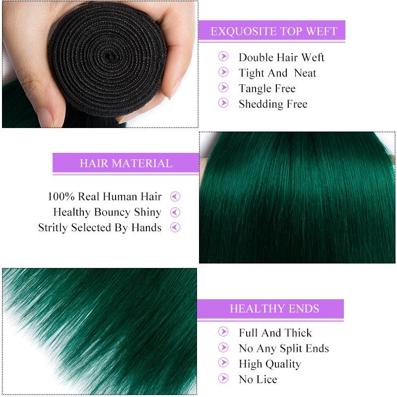 Modern Show Black Roots Green Hair 4 Bundles Long Brazilian Straight Human Hair Weave 2 Tone Color Hair Weft