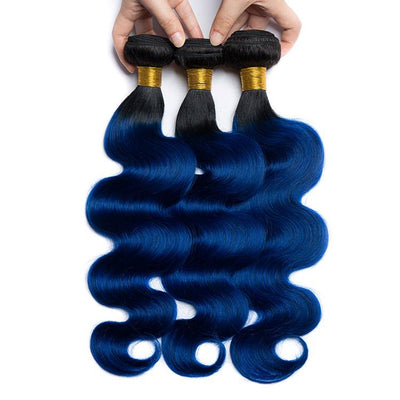 Modern Show Ombre Body Wave Hair Bundles Long Brazilian Human Hair Weave 3Pcs Two Tone 1B/Blue Color Hair Extensions
