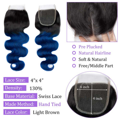 Modern Show 1B/Blue Color Ombre Lace Closure Body Wave Human Hair 4x4 Swiss Lace Closure With Baby Hair