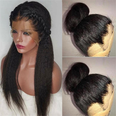 150 Density Natural Malaysian Yaki Straight Human Hair Wigs Afro Kinky Straight Lace Front Wigs For Sale-hairline show