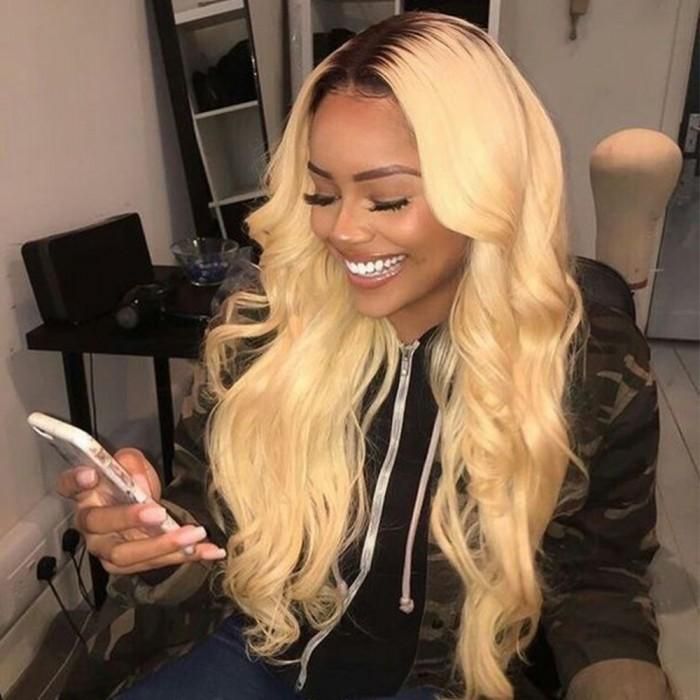 Modern Show Black Root Blonde Color Transparent Full Lace Human Hair Wigs For Women