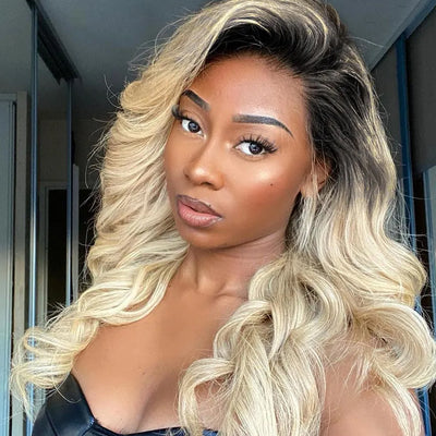 Modern Show Black Root Blonde Color Transparent Full Lace Human Hair Wigs For Women