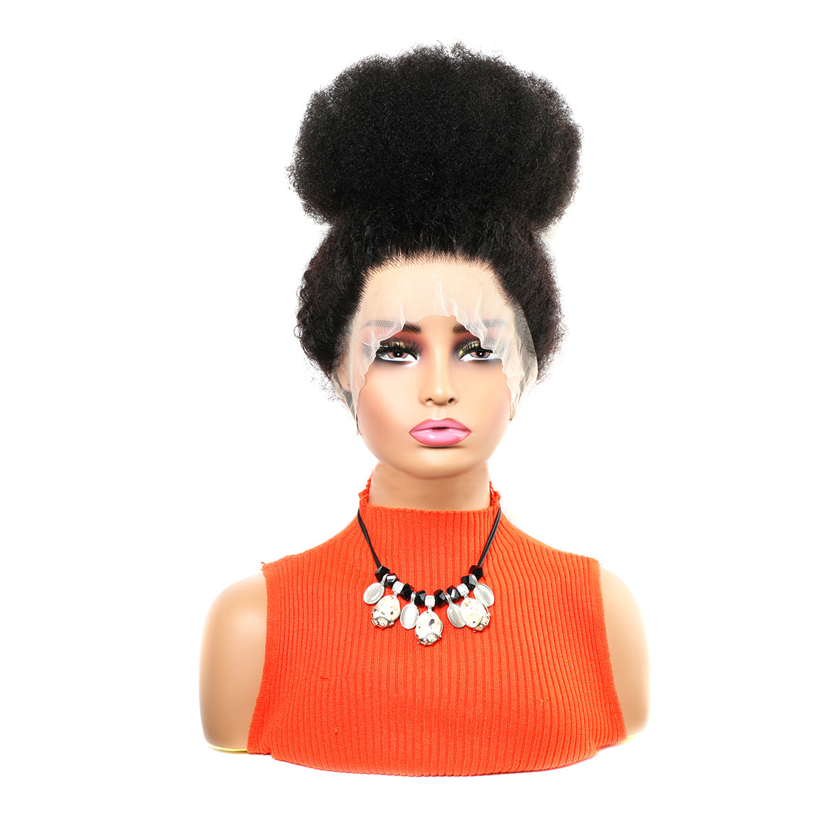 Modern Show 150% Afro Kinky Curly Black Transparent 360 Lace Front Wig With Bun Afro Puff