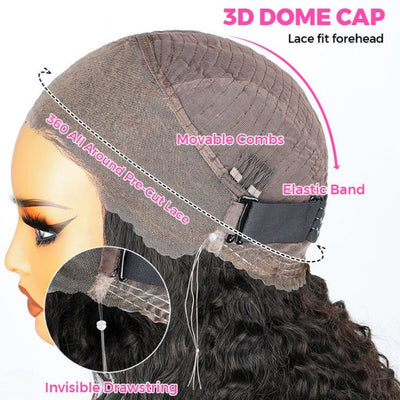 Glueless Transparent Lace Water Wave 360 Invisi-Drawstring Full Frontal Wig Pre Plucked Human Hair Wig