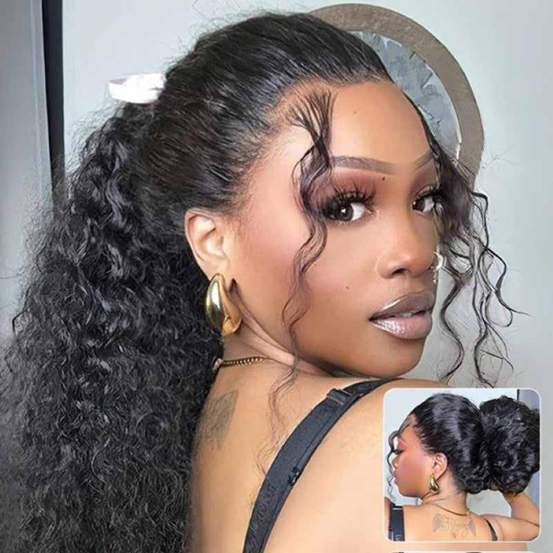Glueless Transparent Lace Water Wave 360 Invisi-Drawstring Full Frontal Wig Pre Plucked Human Hair Wig