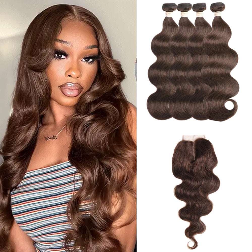 4# Dark Brown Body Wave 4 Bundles With 4x4 Lace Closure 100% Real Human Hair