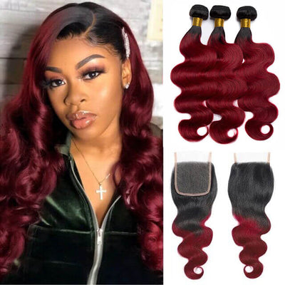 Burgundy Hair 3 Bundles Body Wave Hair With 4x4 Closure