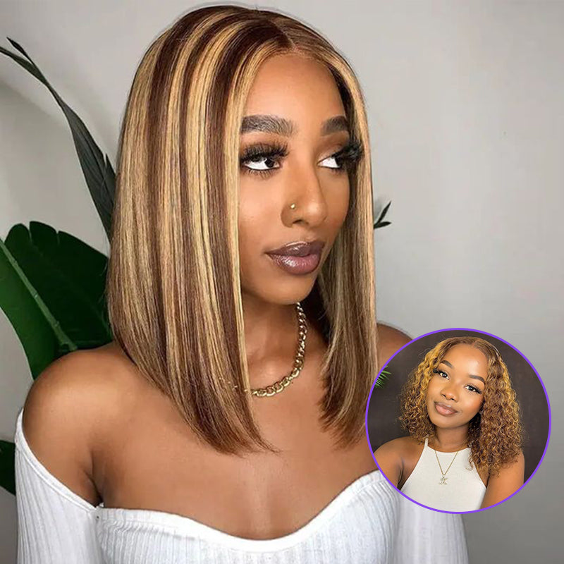 Modern Show Short Bob Strawberry Blonde Highlights On Brown Hair Highlight Brazilian Straight 13x4 Lace Front Human Hair Wigs