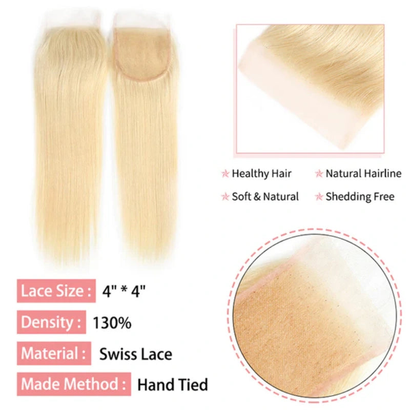 Modern Show 613 Blonde 4x4 HD Transparent Straight Lace Closure 100% Brazilian Human Hair Swiss Closure