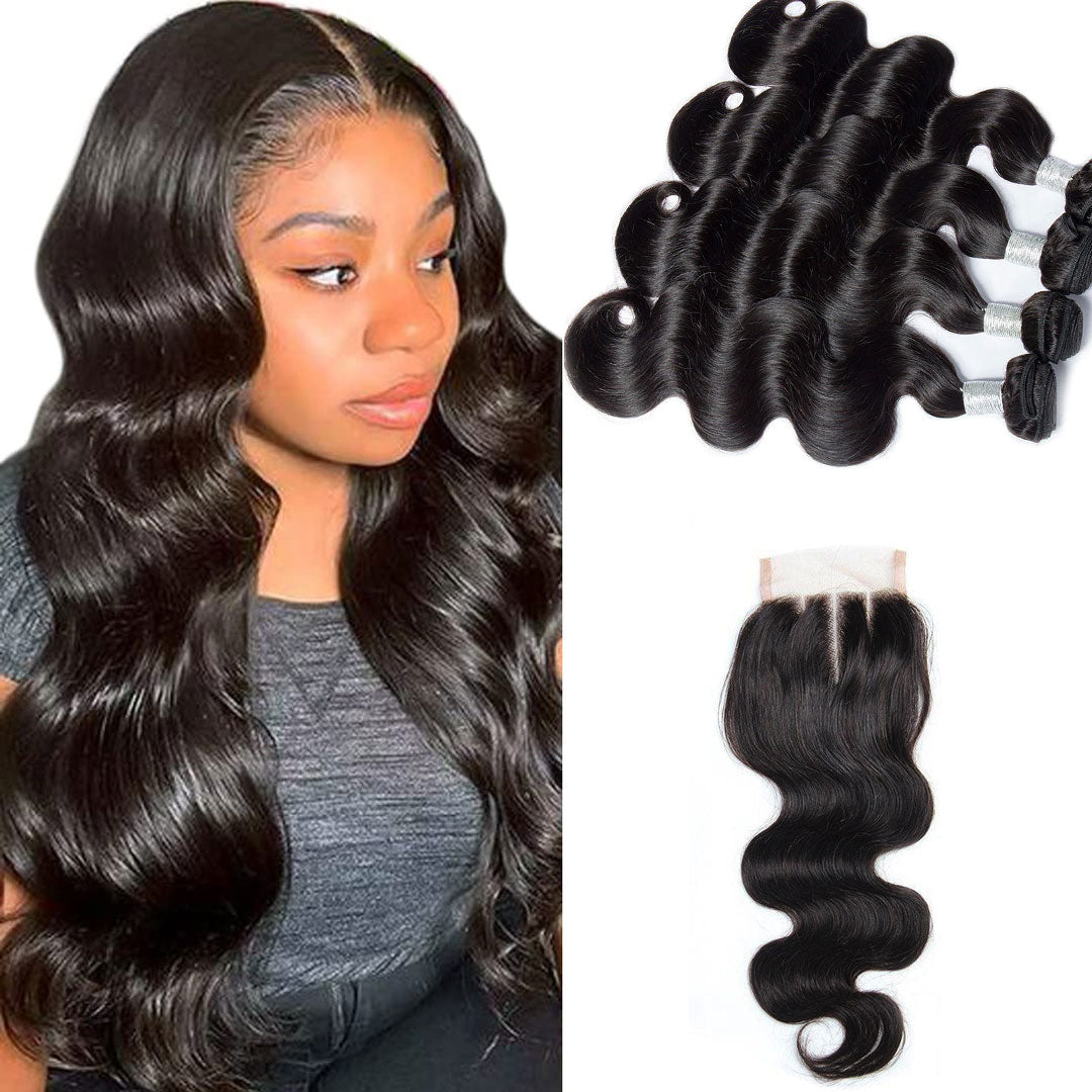 Modern Show High Quality Malaysian Virgin Remy Body Wave Human Hair 4 Bundles With Lace Closure