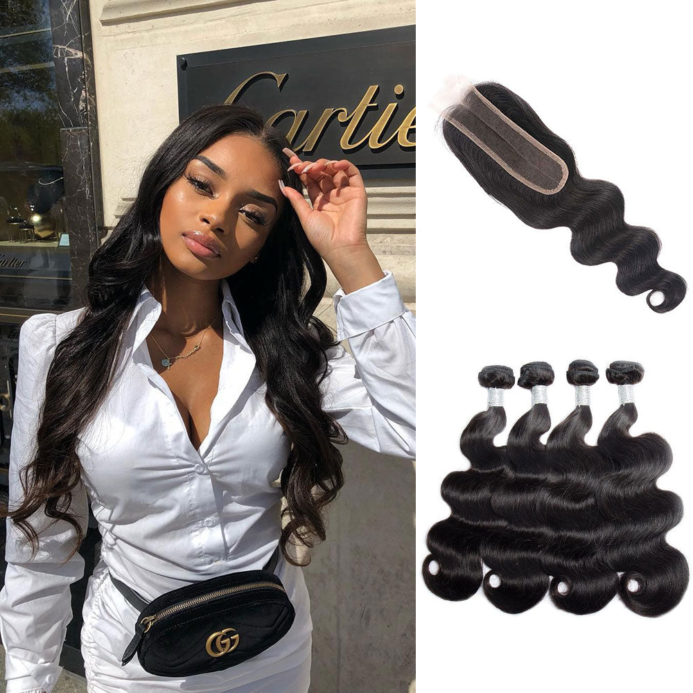 Malaysian Body Wave Hair 4 Bundles With 2X6 Closure