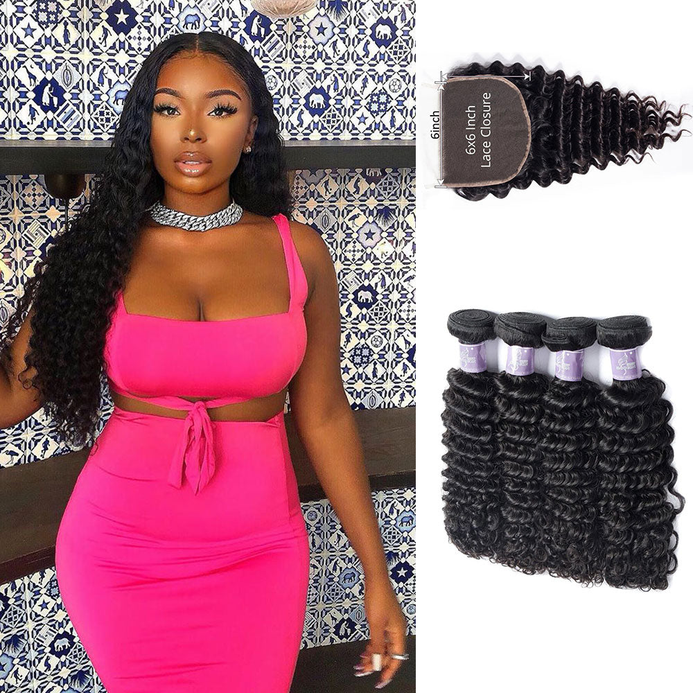 Brazilian Curly Hair 4 Bundles With 6X6 Lace Closure