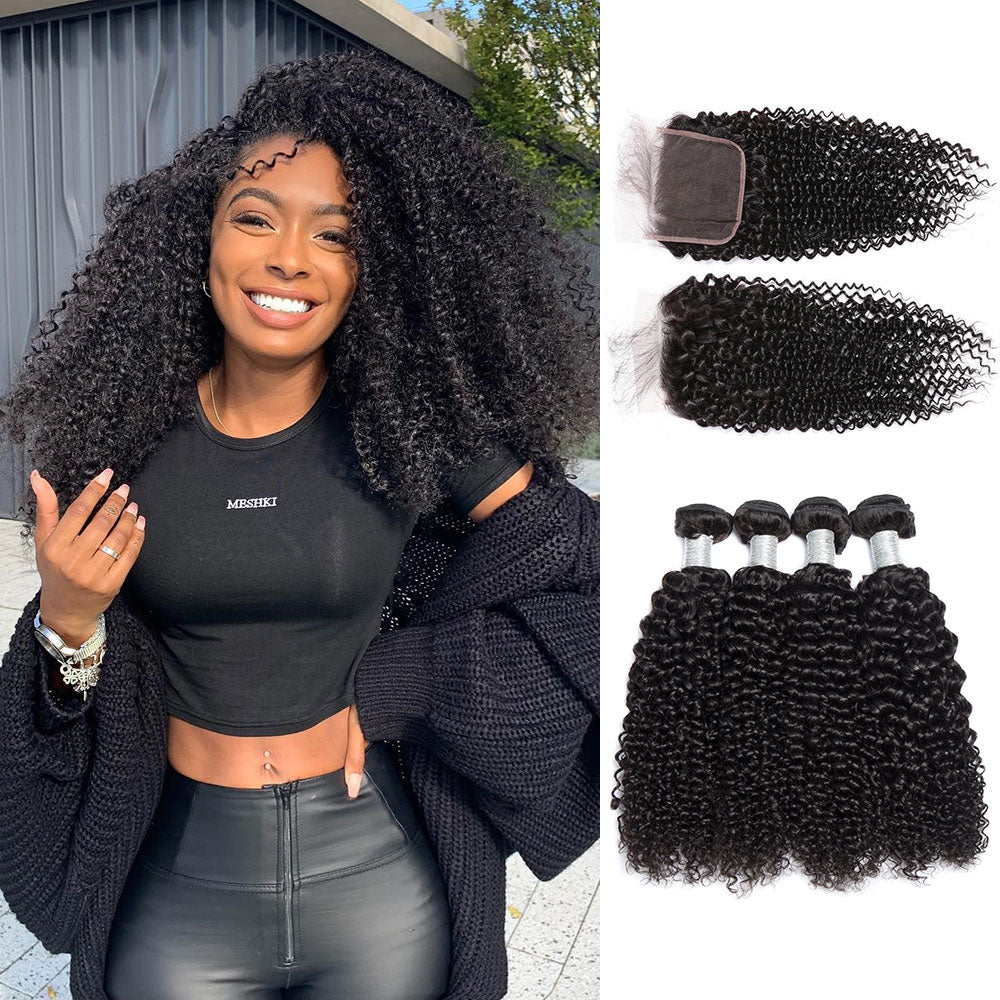 Brazilian Kinky Curly Hair 4 Bundles With 6X6 Lace Closure