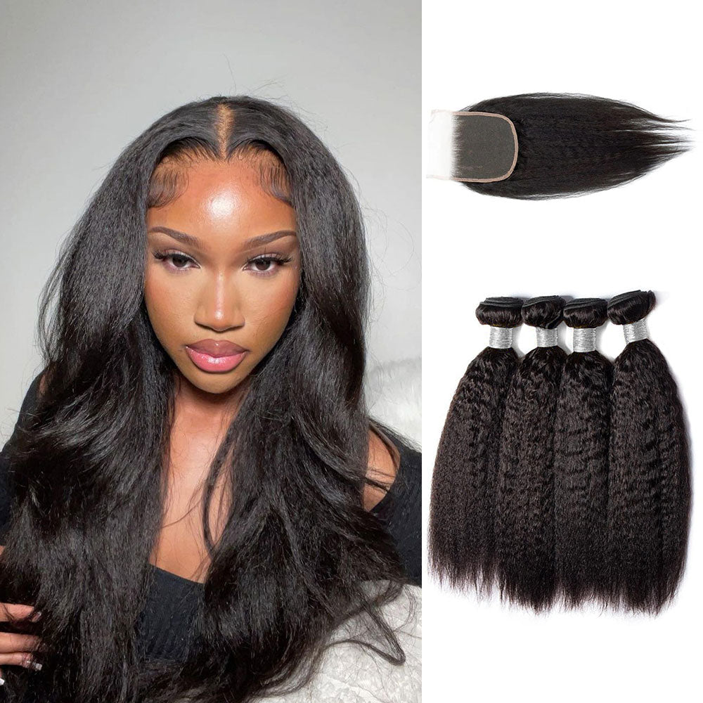 Brazilian Kinky Straight Hair 4 Bundles With 6X6 Lace Closure