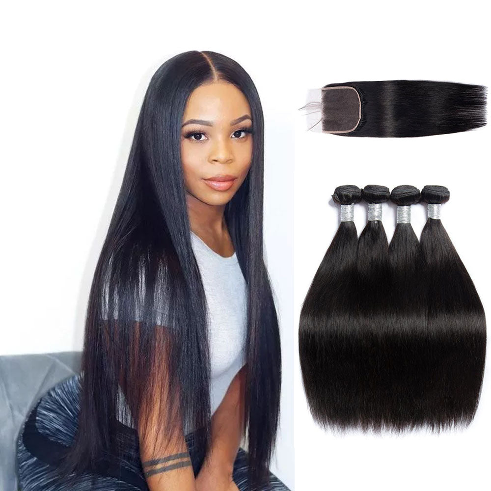 Brazilian Straight Hair 4 Bundles With 6X6 Lace Closure