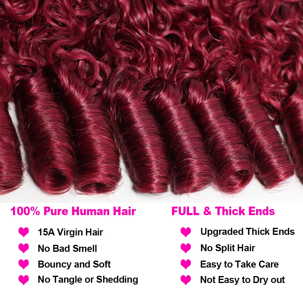 99J Hair Color 3 Bundles Burmese Curly Burgundy Red Human Hair Extensions Deal