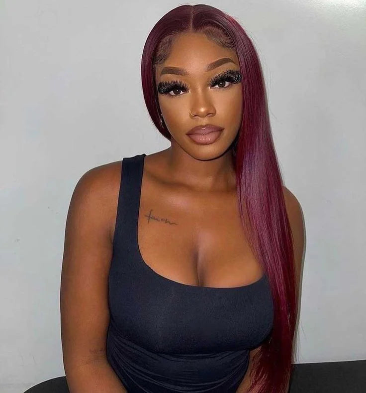 Modern Show Burgundy Red Colored Straight Hair Pre-Plucked Transparent Lace Front Human Hair Wig