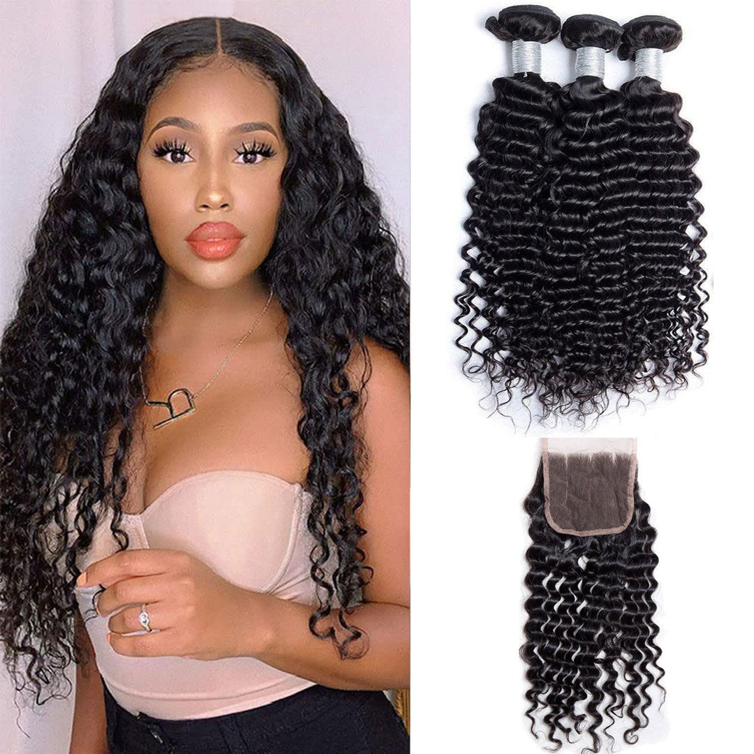 Modern Show Unprocessed Indian Virgin Remy Human Hair Weave Curly Hair 3 Bundles With Lace Closure