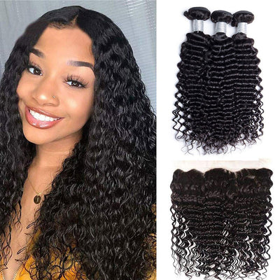 Deep Curly 3 Human Hair Weave Bundles with Frontal Indian Unprocessed Virgin Hair