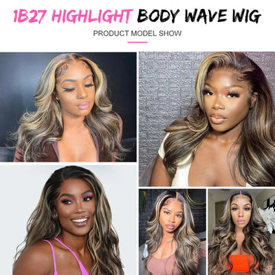 p1b/27 Highlight Color Body Wave 13x4 Lace Frontal Wigs HD Transparent Lace Human Hair Wigs