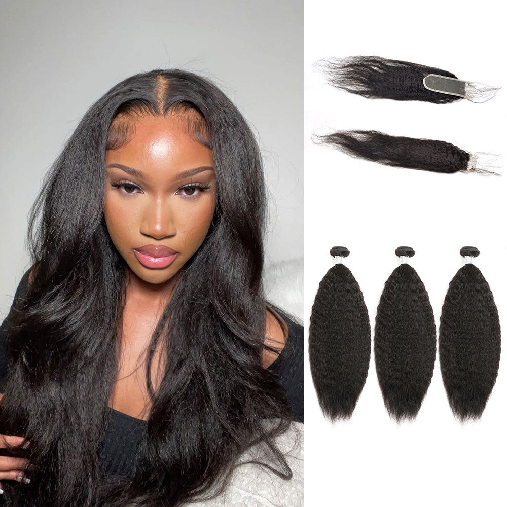 Brazilian Hair Kinky Straight 3 Bundles With 2X6 Closure