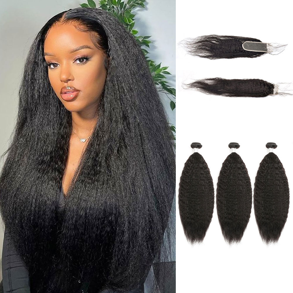 Indian Hair Kinky Straight 3 Bundles With 2X6 Closure