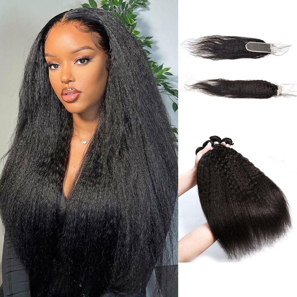 Indian Hair Kinky Straight 4 Bundles And 2X6 Closure