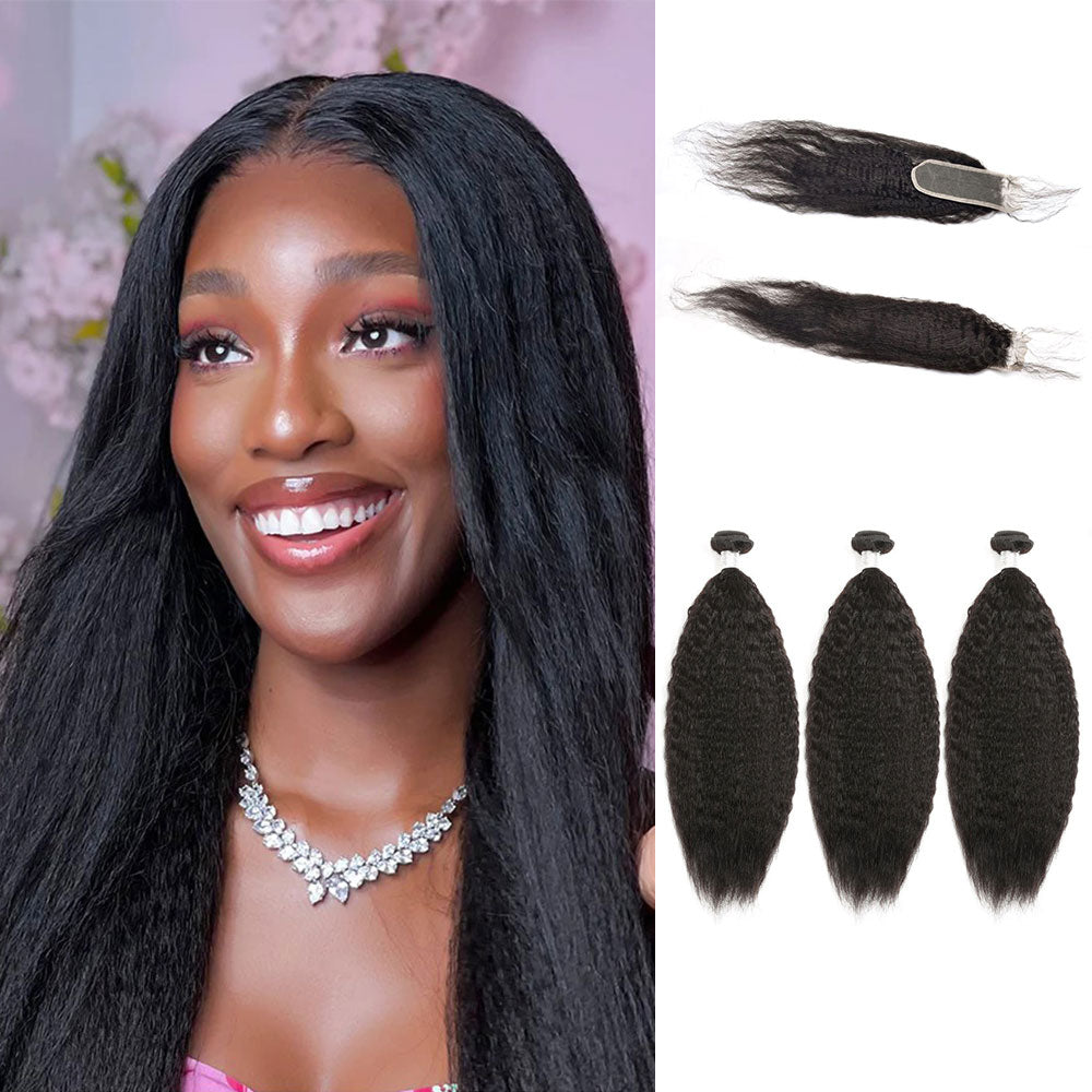 Peruvian Hair Kinky Straight 3 Bundles With 2X6 Closure