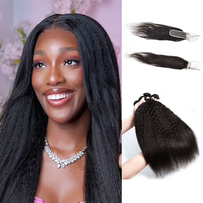 Peruvian Hair Kinky Straight 4 Bundles With 2X6 Closure